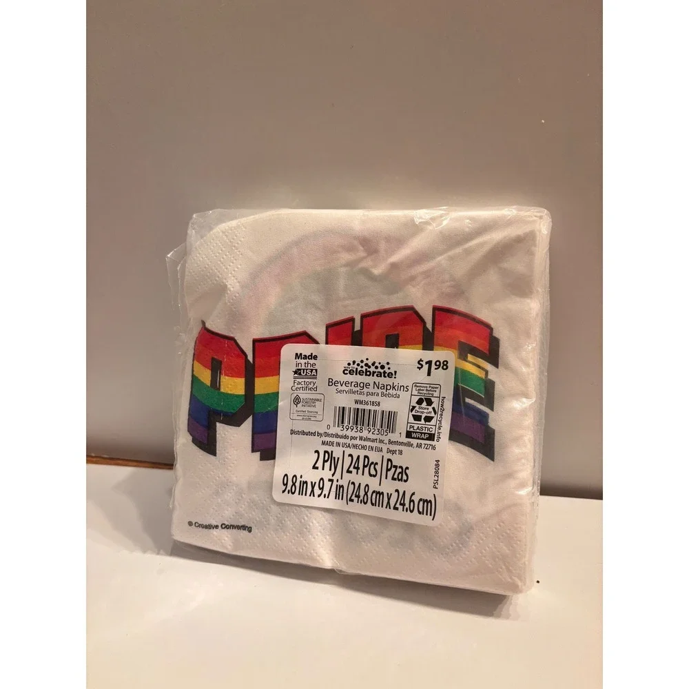 Celebrate! Pride Rainbow Can Cooler & Napkin Set LGBT LGBTQ+‎ Party